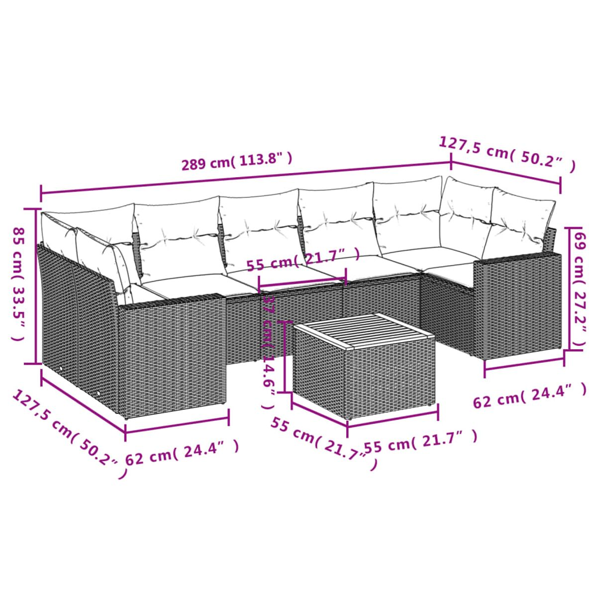 Diagramm eines Ecksofas mit beschrifteten Abmessungen in Zentimetern und Zoll.