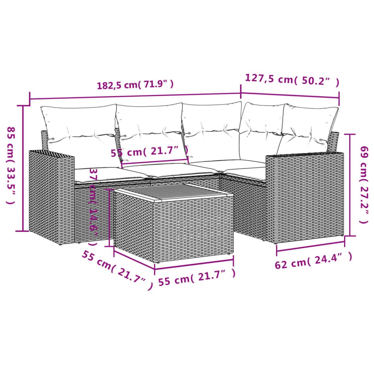 Diagramm eines Outdoor-Ecksofas und Couchtisches aus Rattan mit Abmessungen in cm.