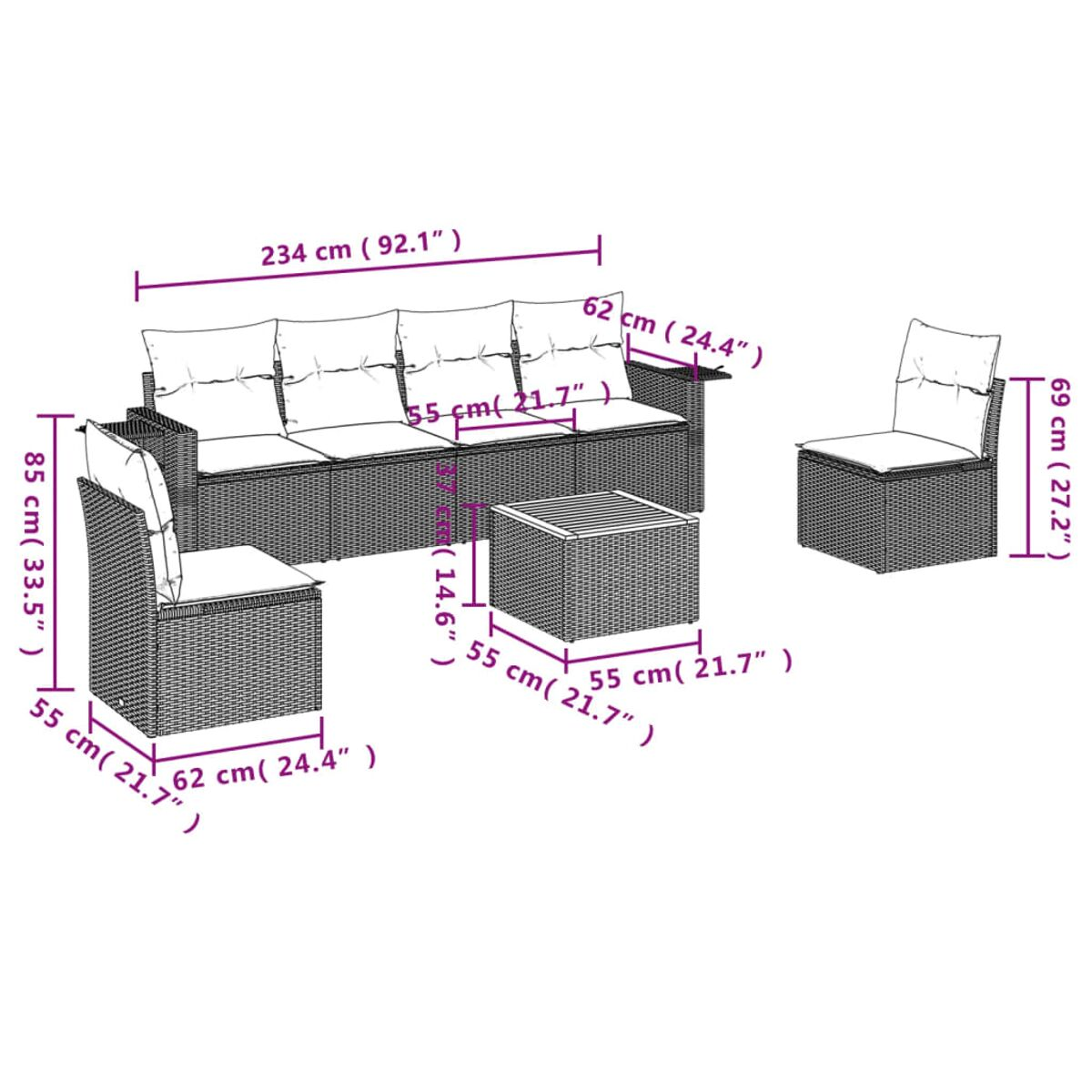 Diagramm mit Abmessungen eines Ecksofas, eines Stuhls und eines Couchtisches.