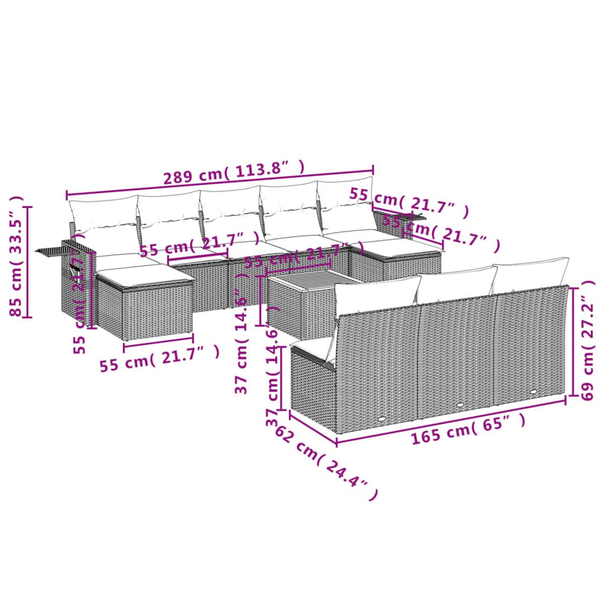Diagramm der Außenmöbelabmessungen. Ecksofa, Tisch und Maße in Zentimetern und Zoll.