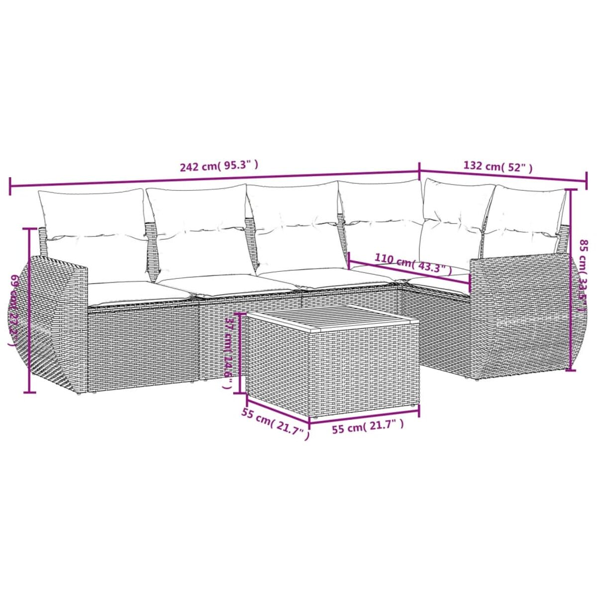 Geflochtenes Outdoor-Ecksofa und Tisch mit Abmessungen. Weiße Kissen und Abmessungen gezeigt.