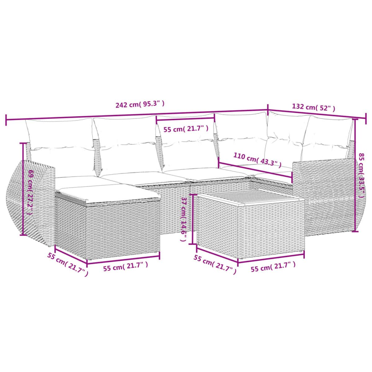 Diagramm eines Rattan-Sofa-Sets mit Maßen in cm, mit einem großen Ecksofa und einem Tisch.