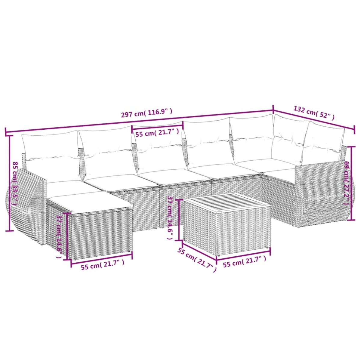 Rattansofa-Set für den Außenbereich mit Maßen. Zeigt ein Sofa, eine Ottomane und einen Tisch.