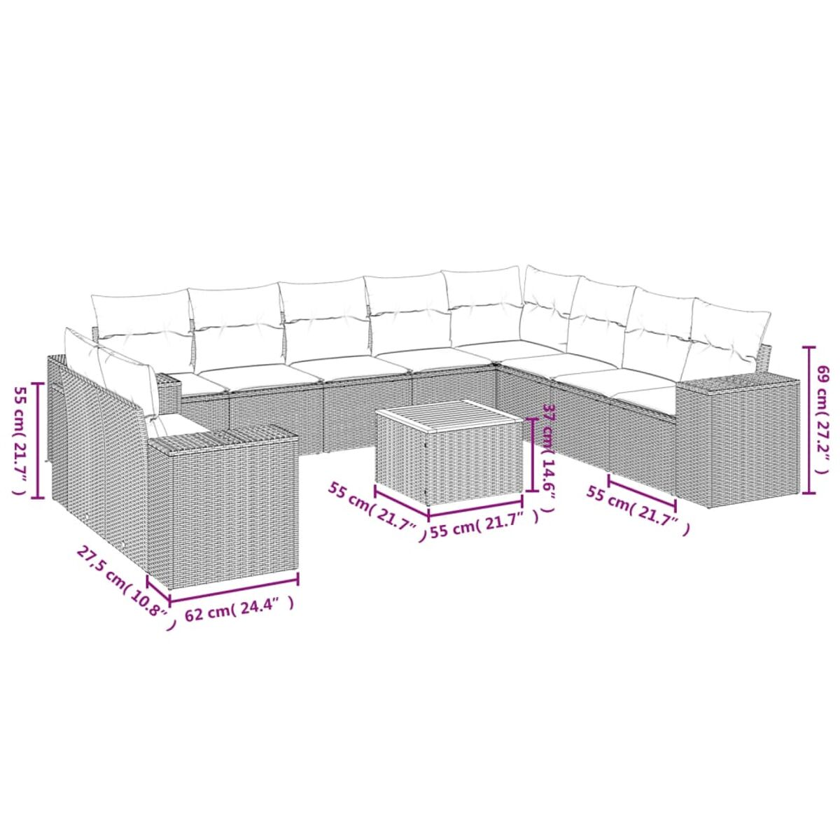 Großes Outdoor-Ecksofa mit beschrifteten Abmessungen, vor weißem Hintergrund.