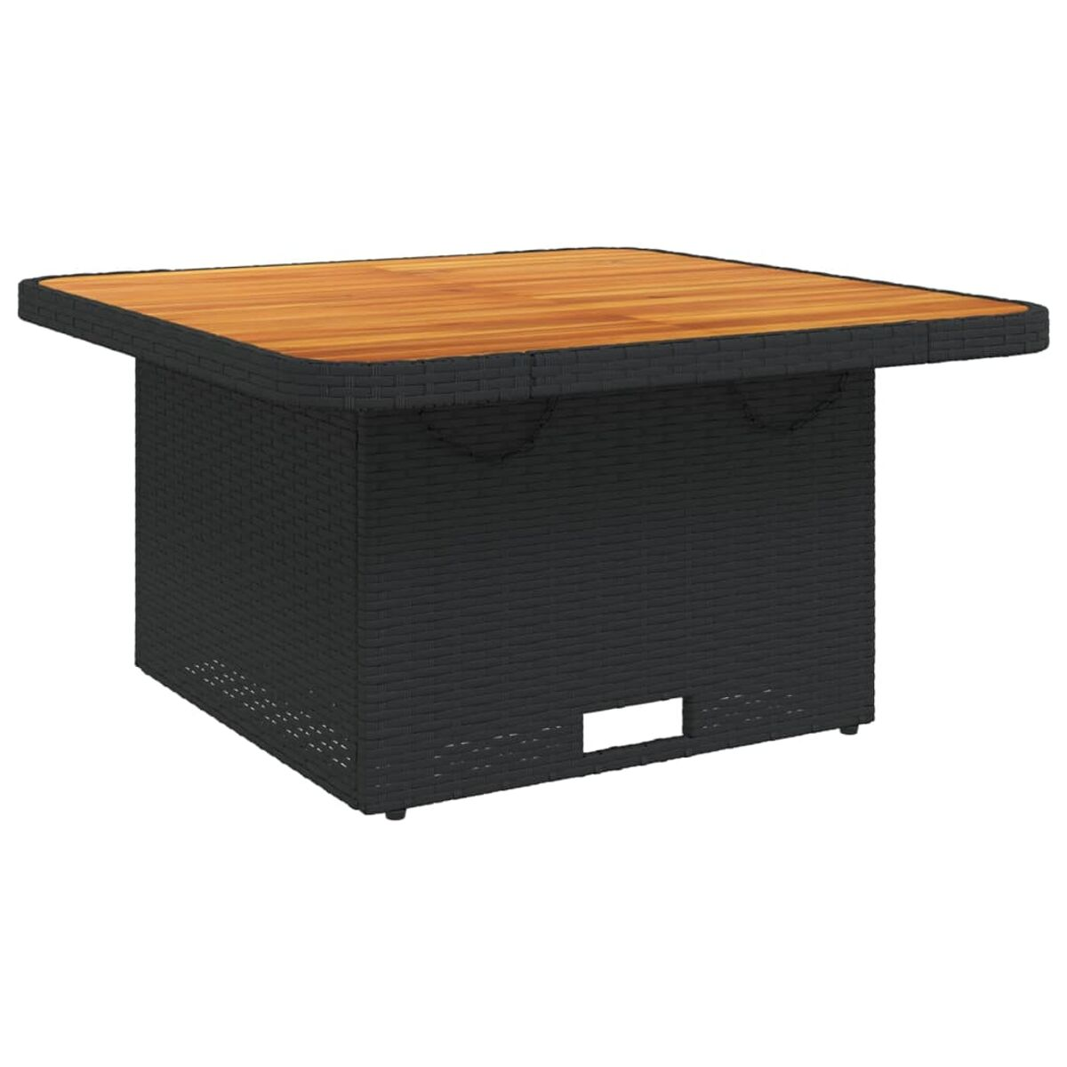 Quadratischer Outdoor-Couchtisch, schwarzer Korbflechtfuß, Holzplatte. Quadratisch und modern gestaltet.