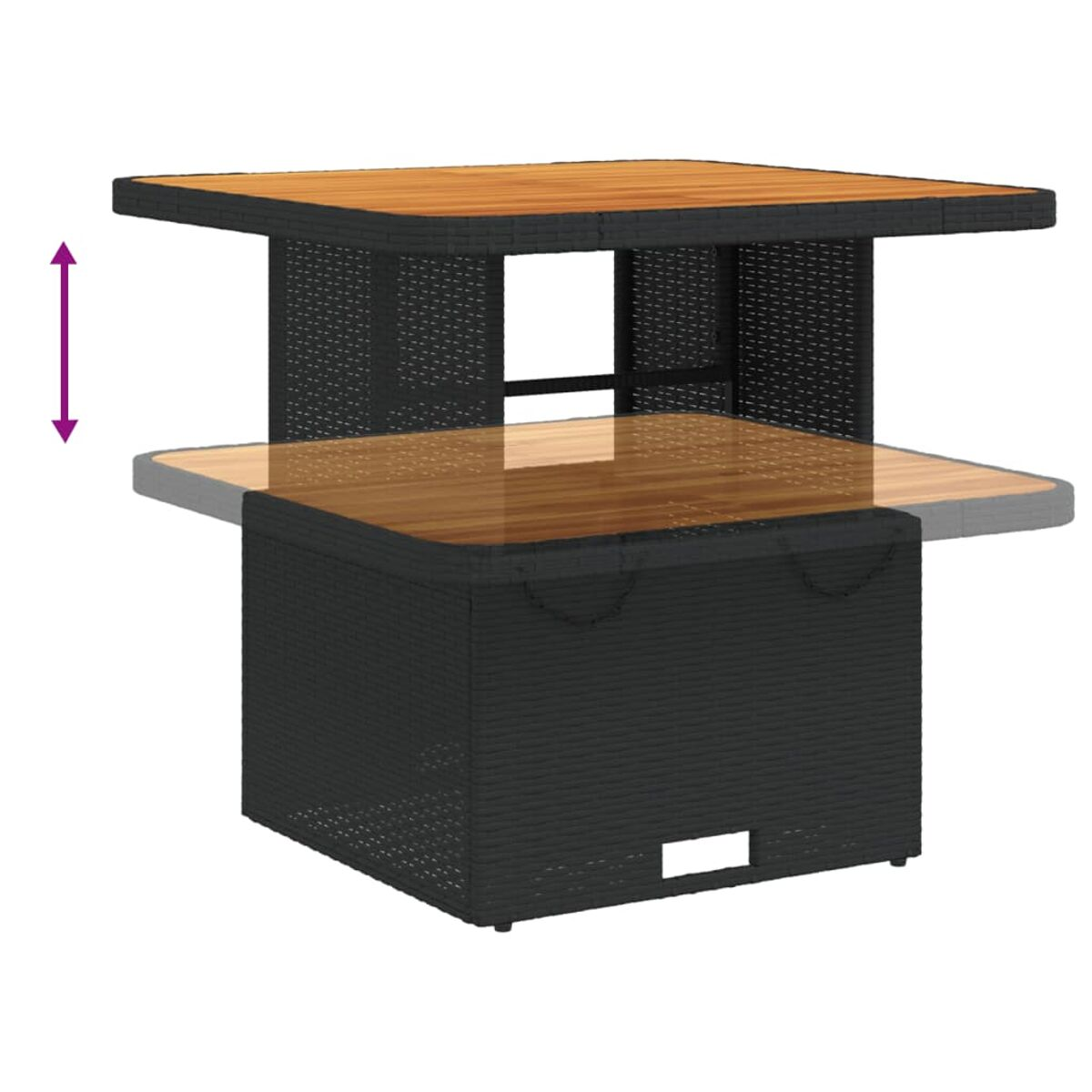 Tavolo regolabile con piano in legno. Base intrecciata nera.