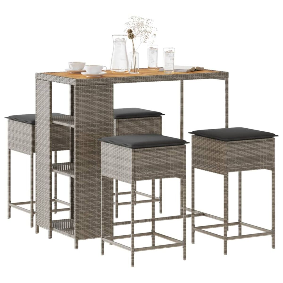 Set tavolo da bar alto con sgabelli, tavolo con piano in legno e base in rattan.