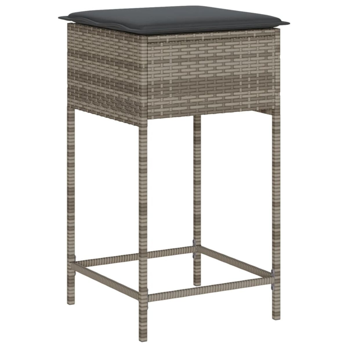 Sgabello alto quadrato con cuscino grigio. Struttura beige intrecciata, arredo esterno.