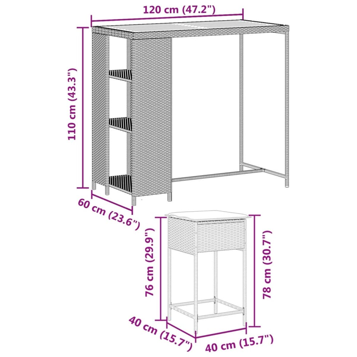 Diagramma di un tavolo da bar in rattan grigio con dimensioni in centimetri e pollici.
