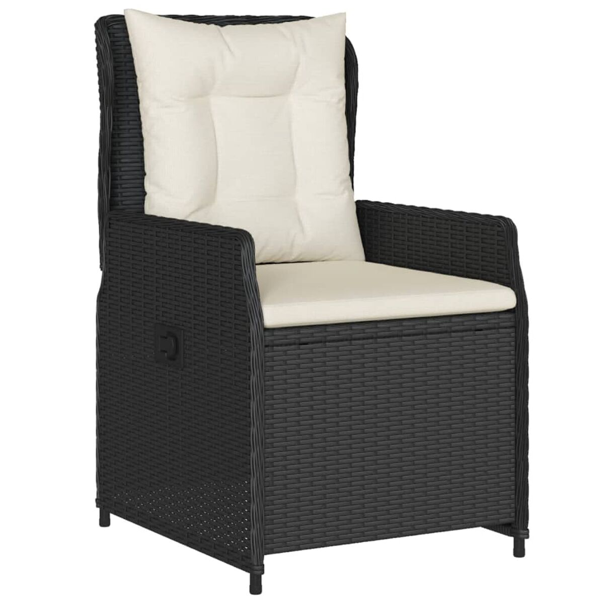 Sedia in vimini nero con cuscino beige e schienale alto. Sedia dritta.