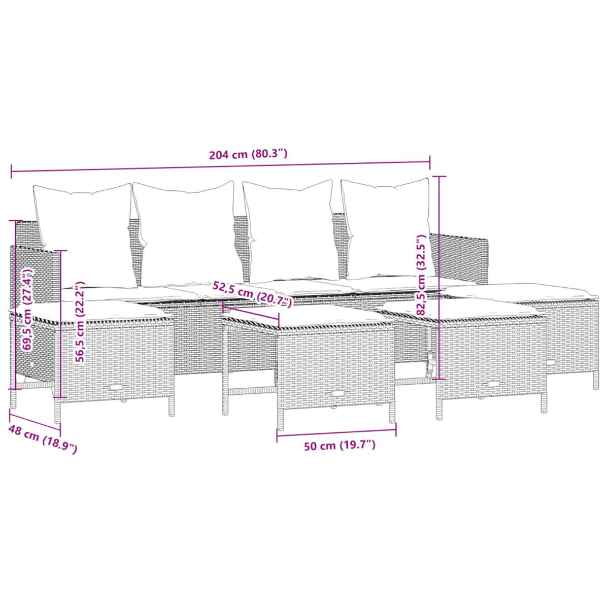 Outdoor-Ecksofa-Set aus Korbgeflecht mit Maßen. Enthält Eckteile, beige Kissen. Messungen angezeigt.