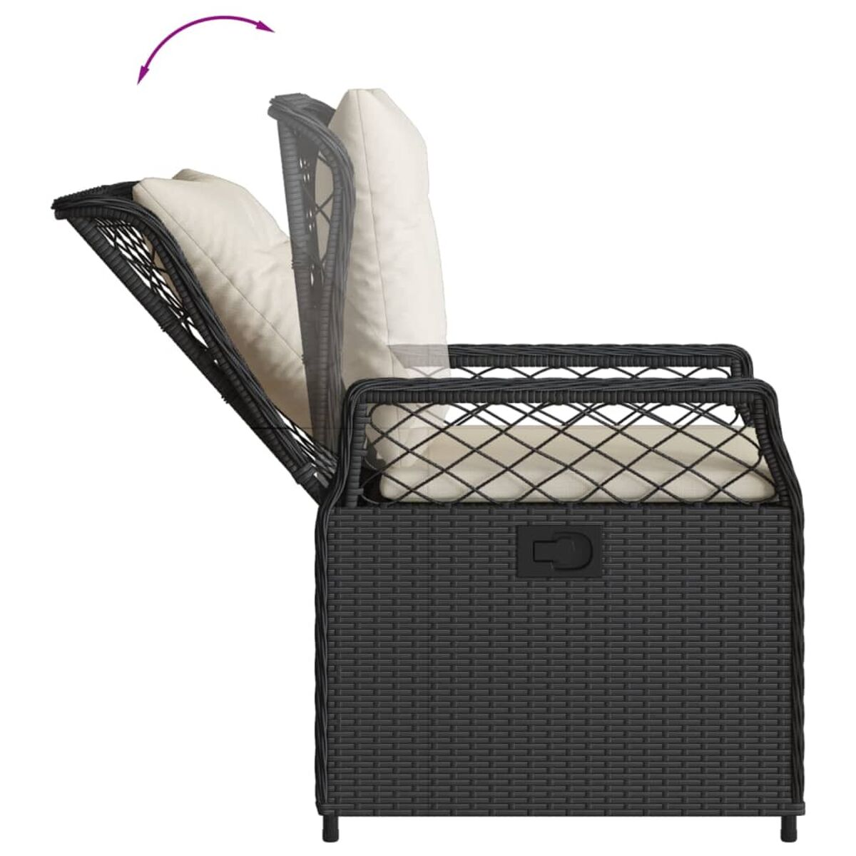 Sedia in rattan nero con cuscino bianco, lo schienale si solleva per rivelare spazio contenitore.