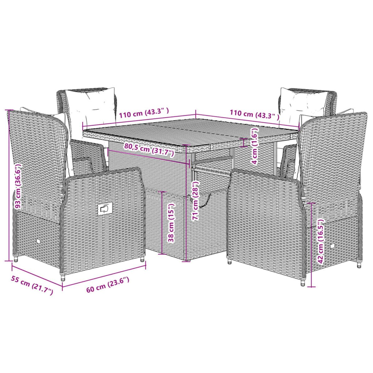 Diagramm eines Rattan-Tisches und Stühle. Maße sind in cm und Zoll angegeben.