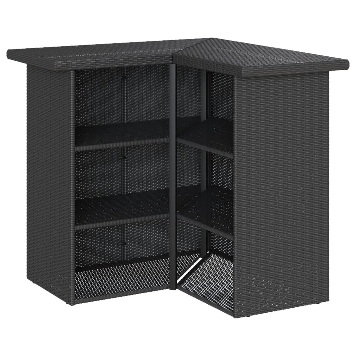 Mobile bar in rattan nero con ripiani. La porta è aperta.