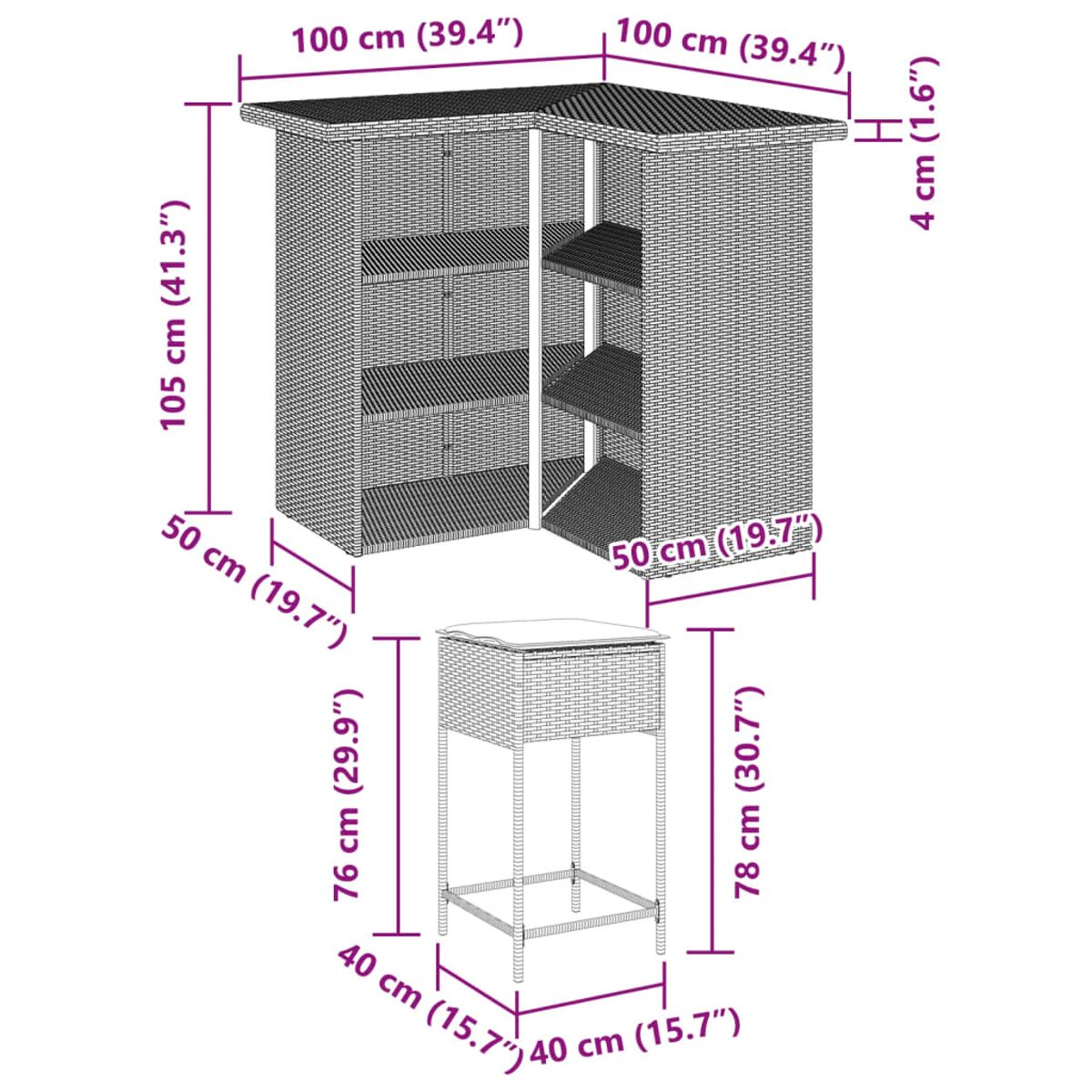 Diagramma di un bar e sgabello in rattan con dimensioni: 105cm, 100cm, 76cm, 78cm, 50cm, 40cm.