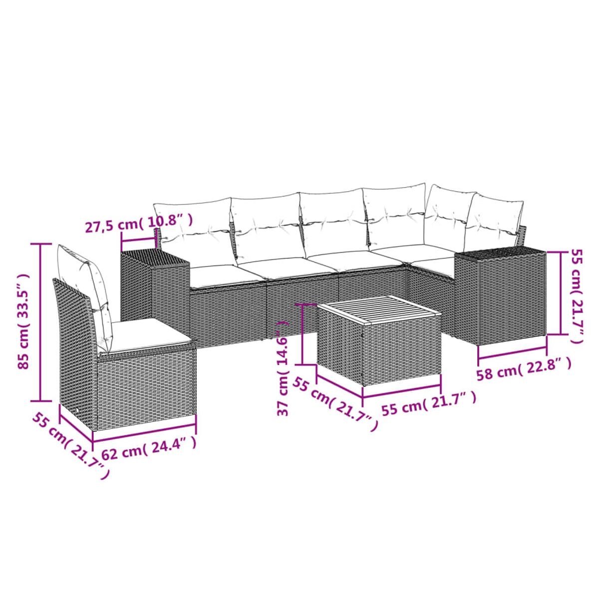 Geflochtenes Outdoor-Ecksofa mit Kissen. Abmessungen sind sichtbar. Weißer Hintergrund.