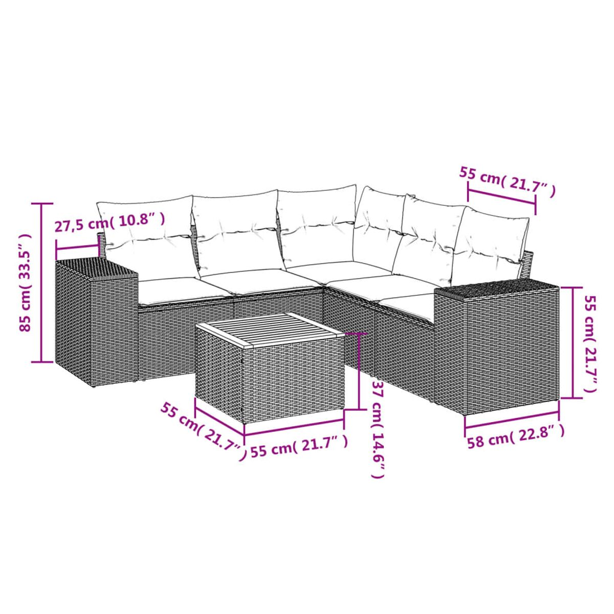 Diagramm des Ecksofas und des Couchtisches mit Maßen in cm und Zoll.
