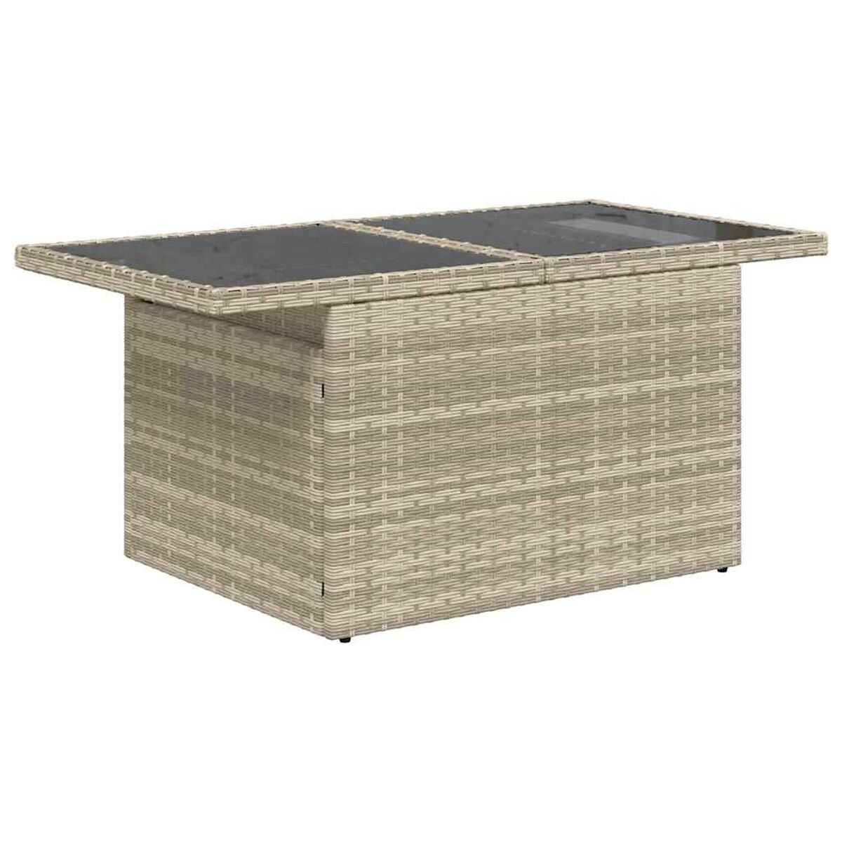 Tavolino in rattan con piano in vetro. È marrone chiaro con vetro nero. Il design è semplice.