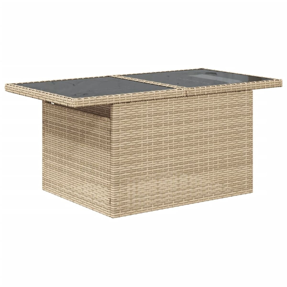 Rechteckiger Gartentisch mit schwarzer Glasplatte. Gewebtes, beiges Gestell.