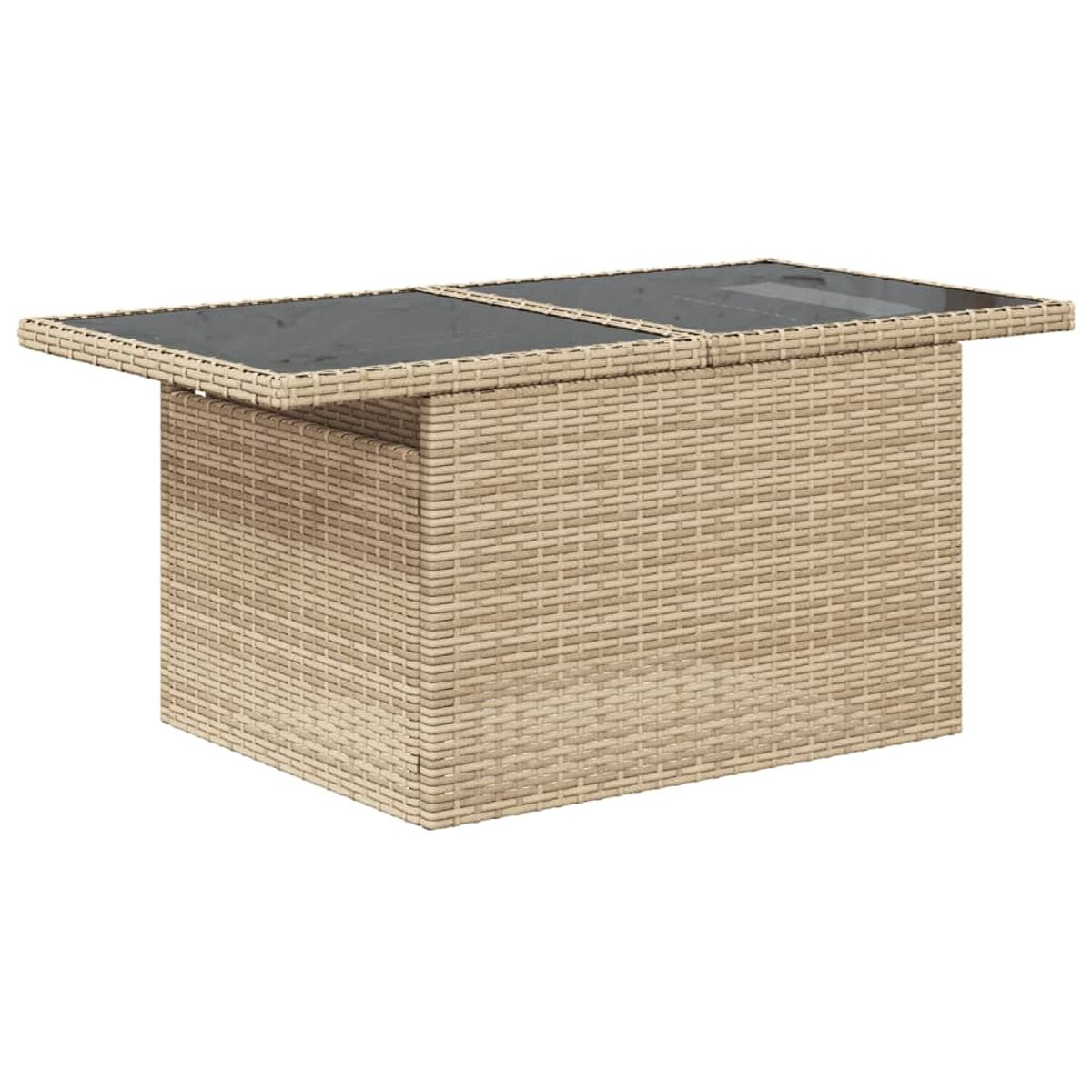 Un tavolino rettangolare in materiale beige intrecciato con piano in vetro scuro.