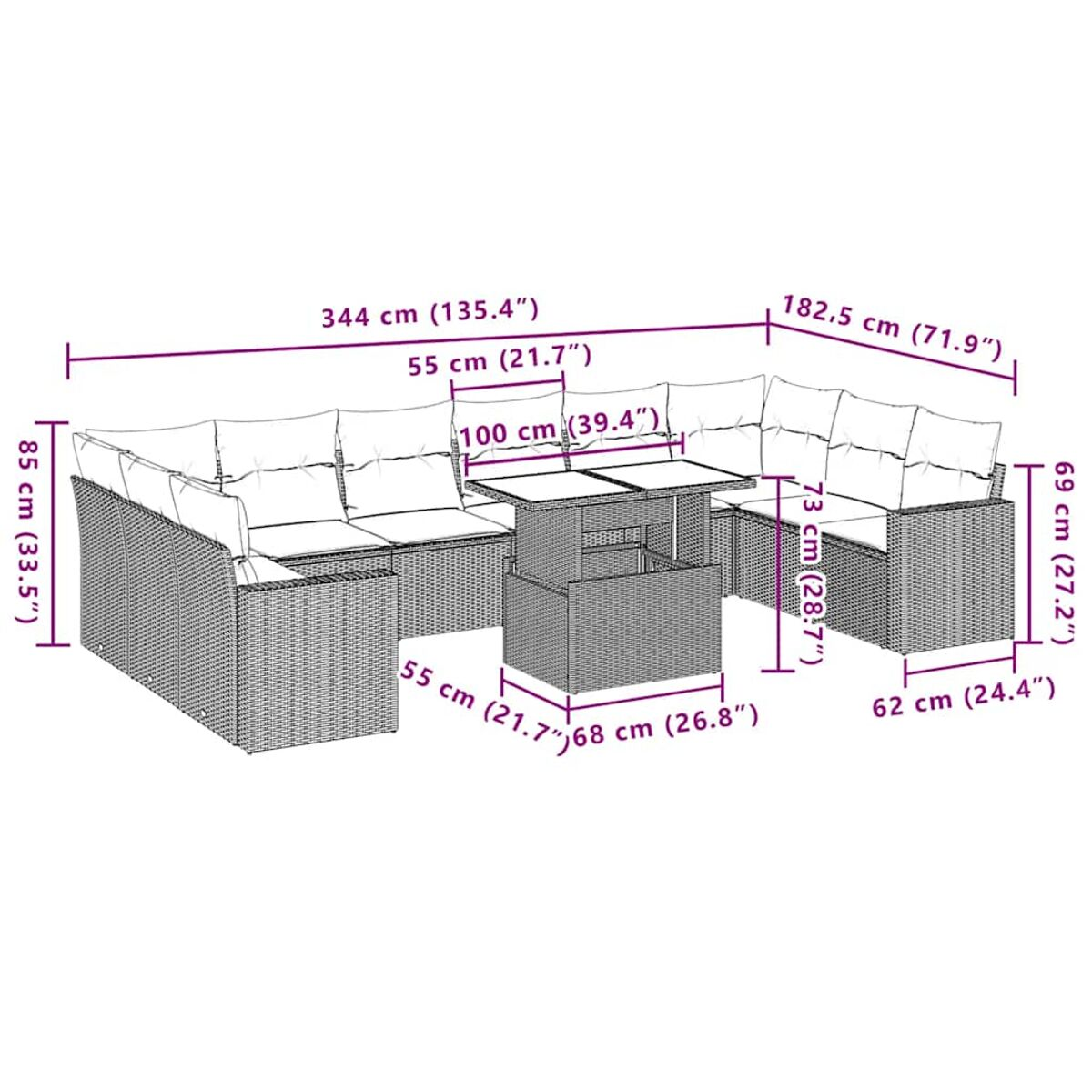 Geflochtenes Ecksofa-Set mit Kissen, einem Tisch und Abmessungen in cm.