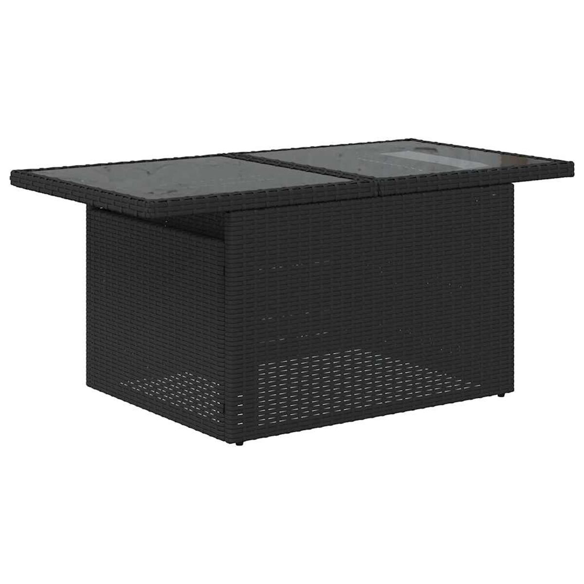 Tavolo in vimini nero con piano in vetro scuro.