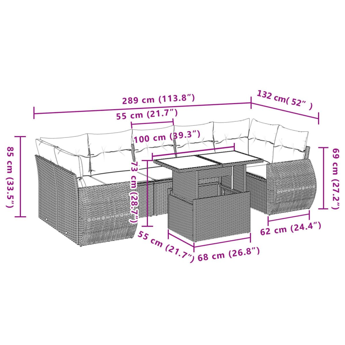 Un set di divani in rattan grigio e un tavolo. Le dimensioni sono etichettate.