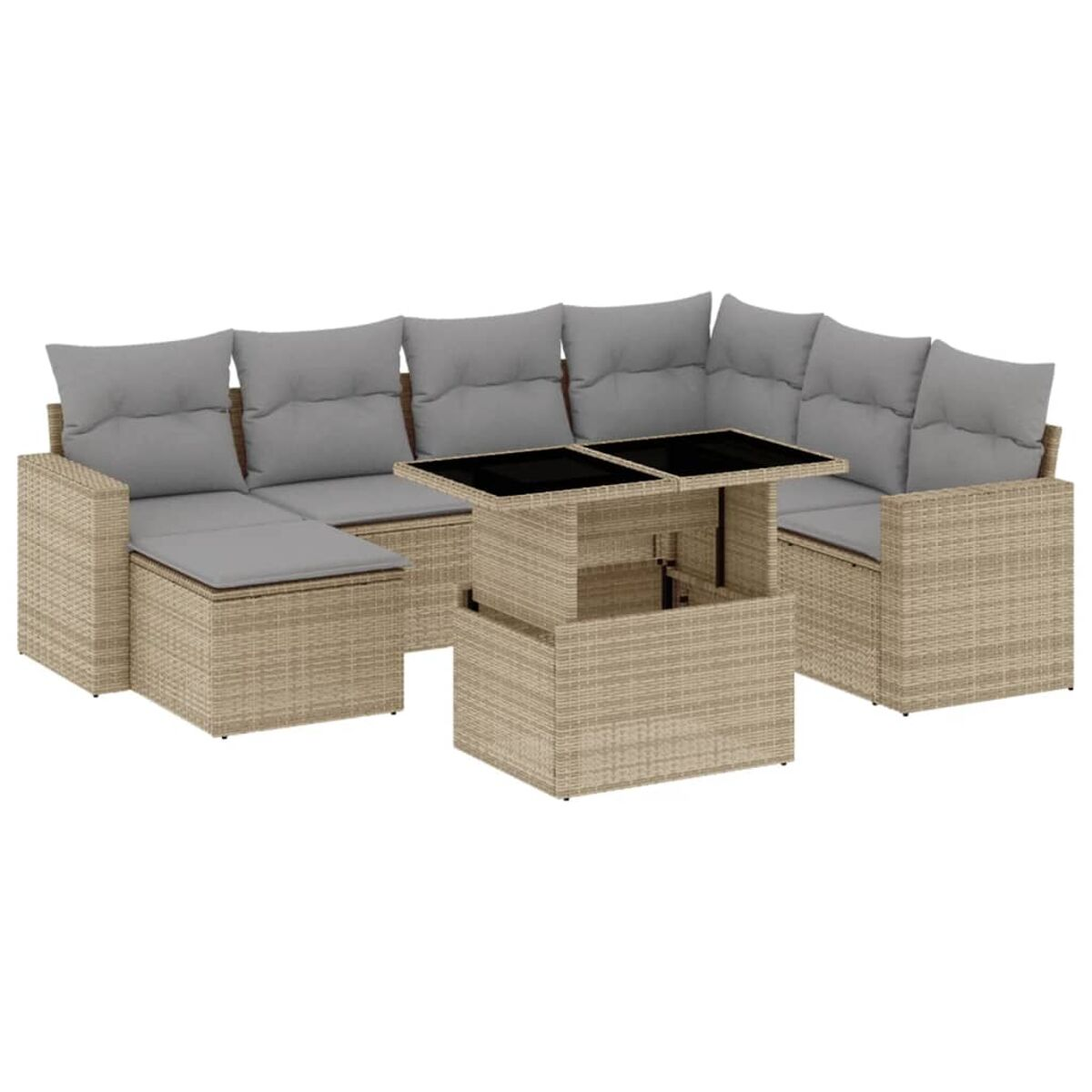 Beiges Korbsessel-Sofa mit grauen Kissen und Tisch mit schwarzer Platte.