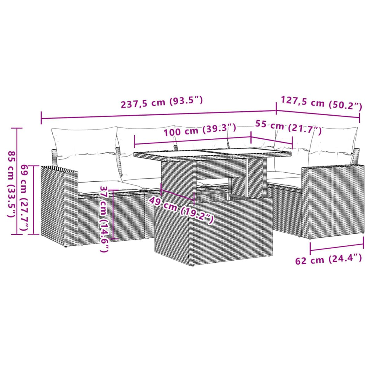 Diagramm eines Ecksofas und Couchtisches aus Weide mit Abmessungen in Zentimetern und Zoll.
