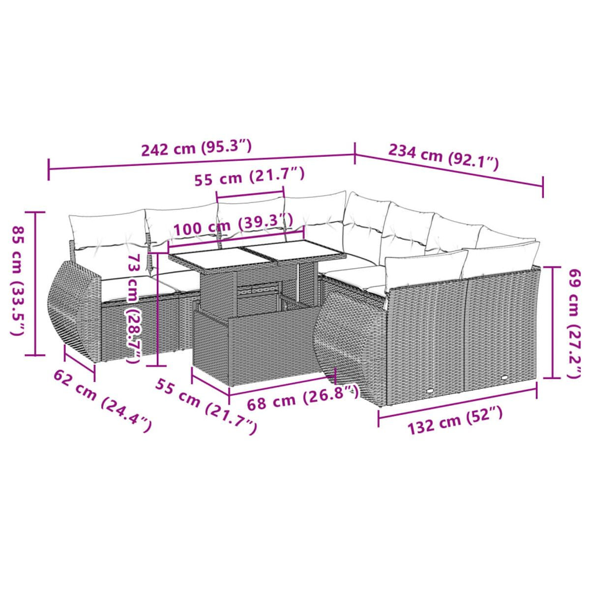 Diagramm eines Gartenmöbelsets aus Korbgeflecht mit Tisch und Maßen in Zentimetern und Zoll.