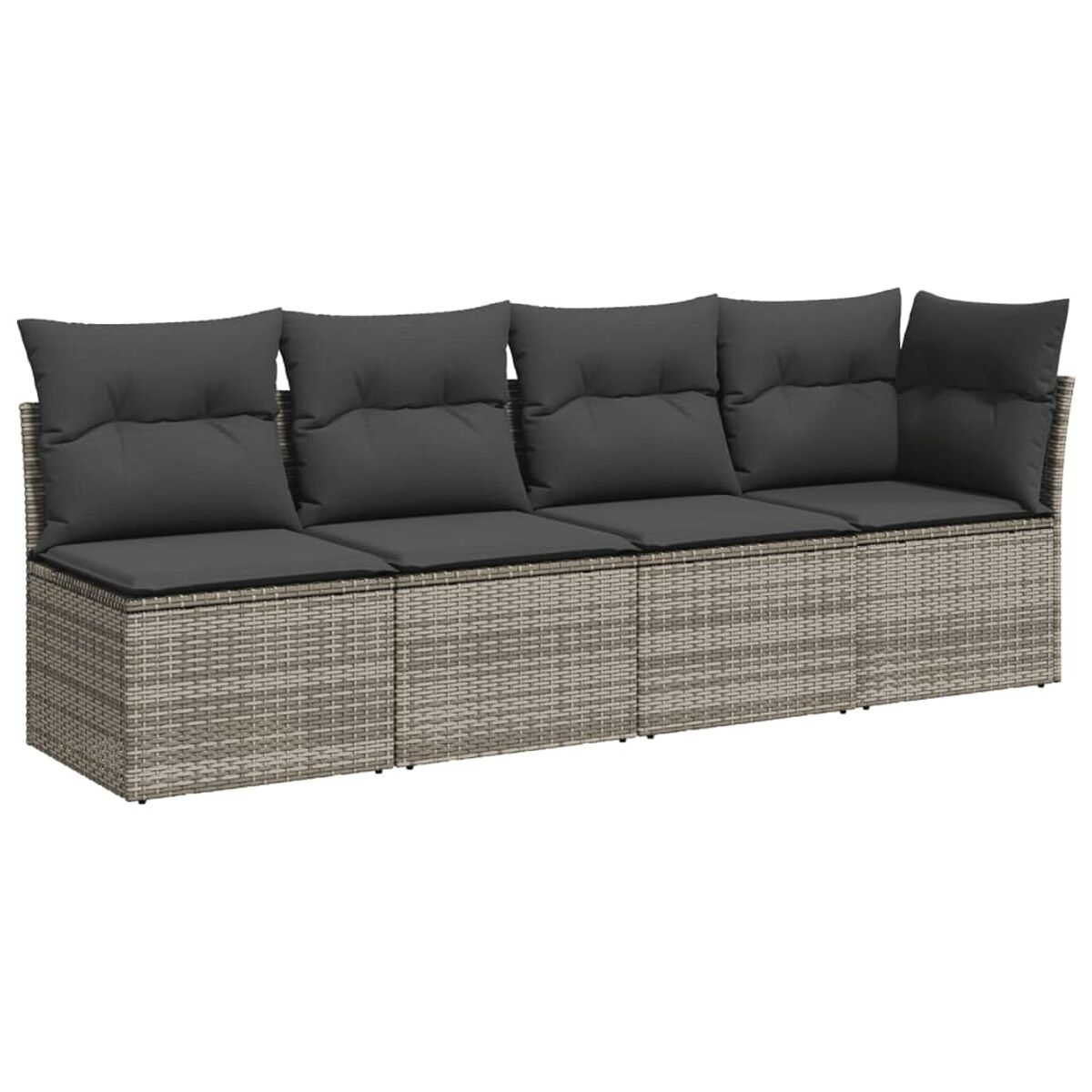 Graues Rattan-Sofa mit dunkelgrauen Kissen. Ein langes Sofa mit drei Sitzkissen und Rückenkissen.