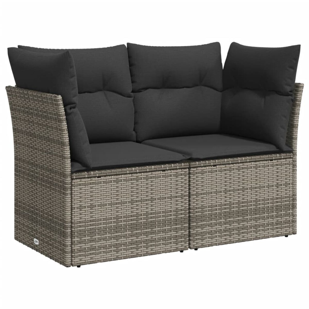 Nahaufnahme eines Zweisitzer-Sofas mit grauen Kissen auf einem Webuntergrund.