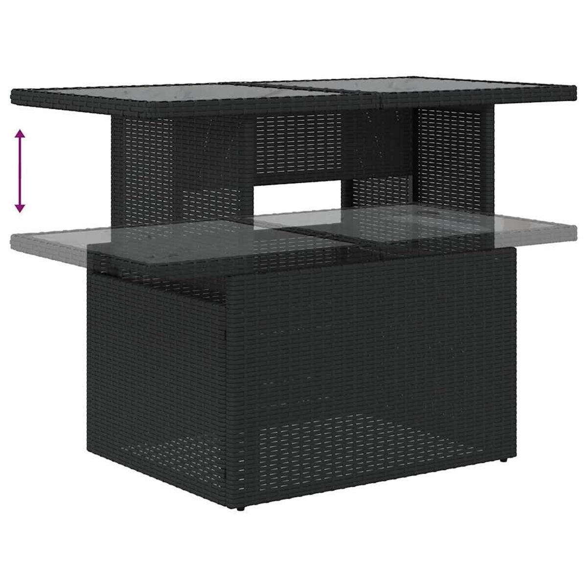 Schwarzer Korbtisch mit Glasplatte. Die Platte hat zwei Abschnitte und ist geöffnet.