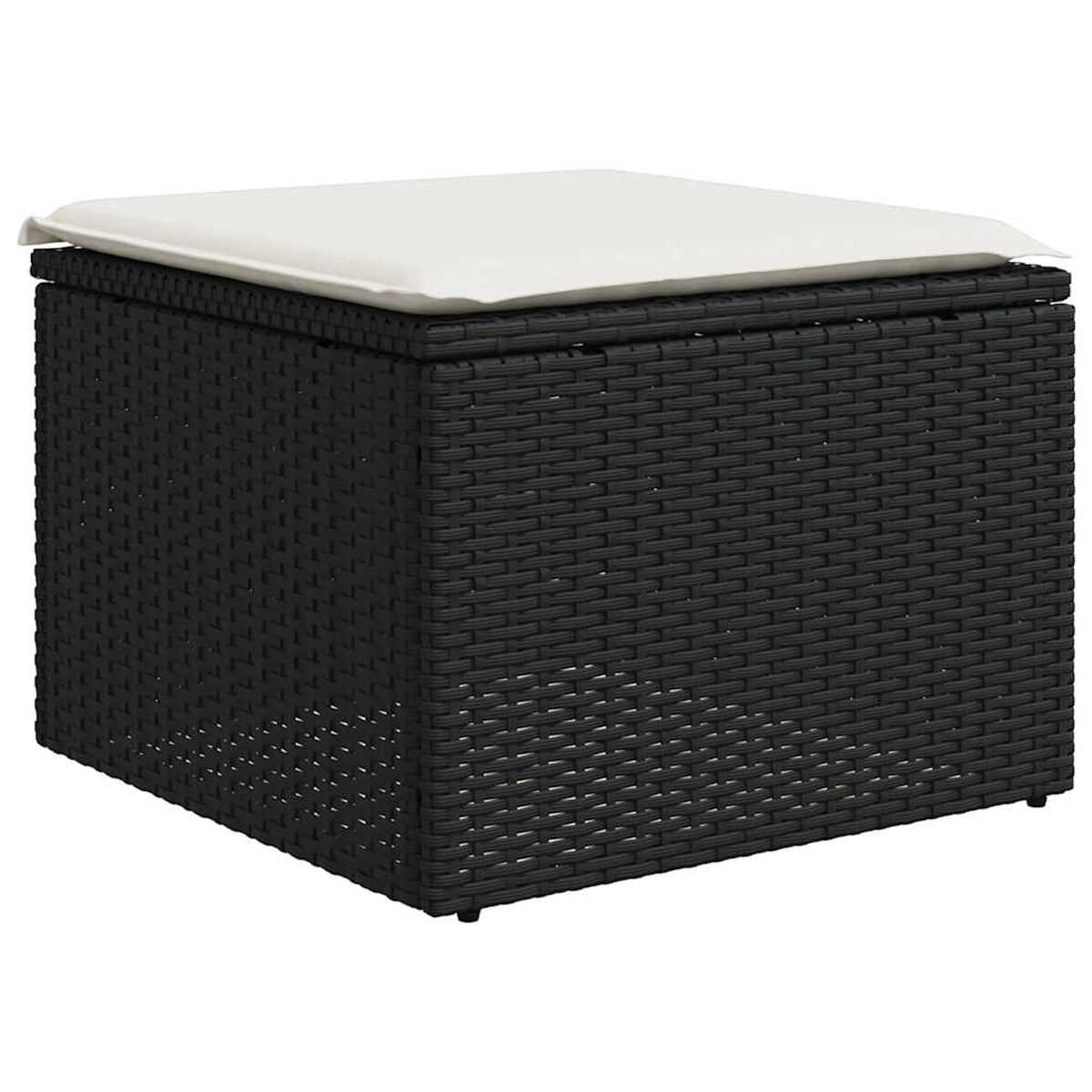 Pouff contenitore in vimini nero con cuscino bianco sopra.