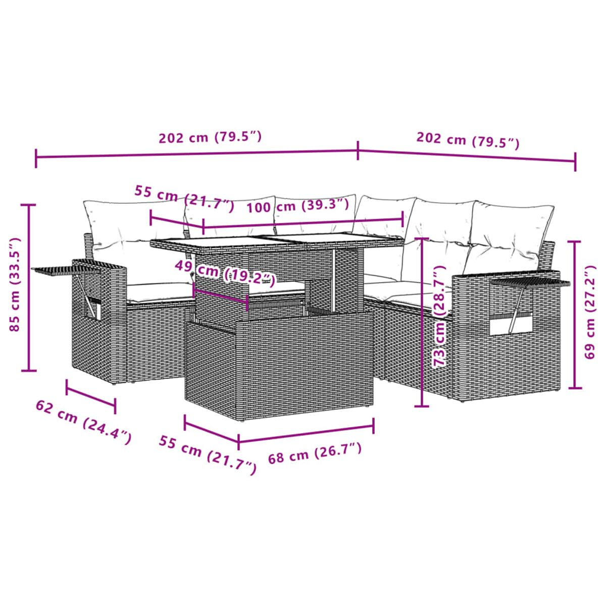 Diagramm eines Outdoor-Ecksofas mit Abmessungen in cm und Zoll.