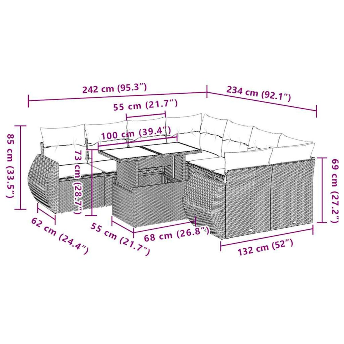 Diagramm mit Abmessungen eines Outdoor-Ecksofas mit Tisch, das Längen und Höhen veranschaulicht.