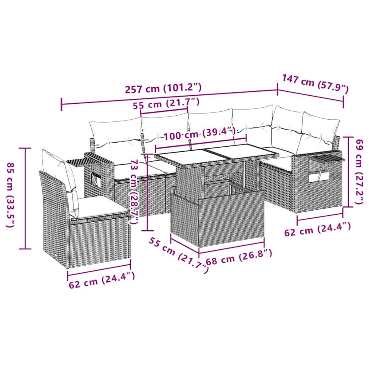 Diagramm mit Abmessungen eines Outdoor-Ecksofas und Tisches.