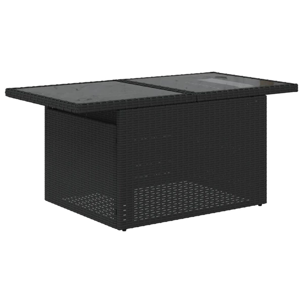 Tavolo rettangolare nero in materiale di vimini con piano in vetro.