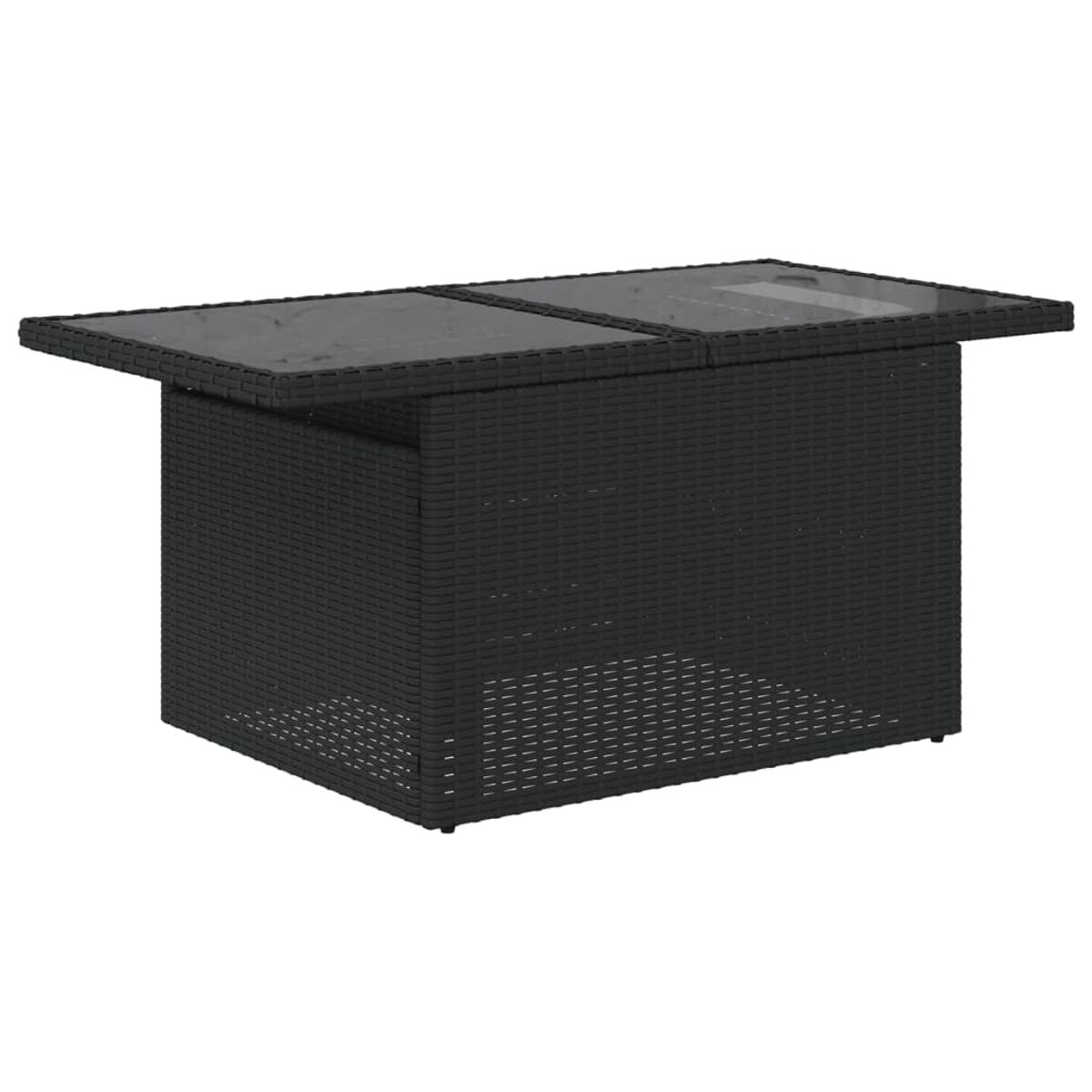 Tavolo rettangolare nero con base in rattan e piano in vetro. Il piano è in due pezzi.