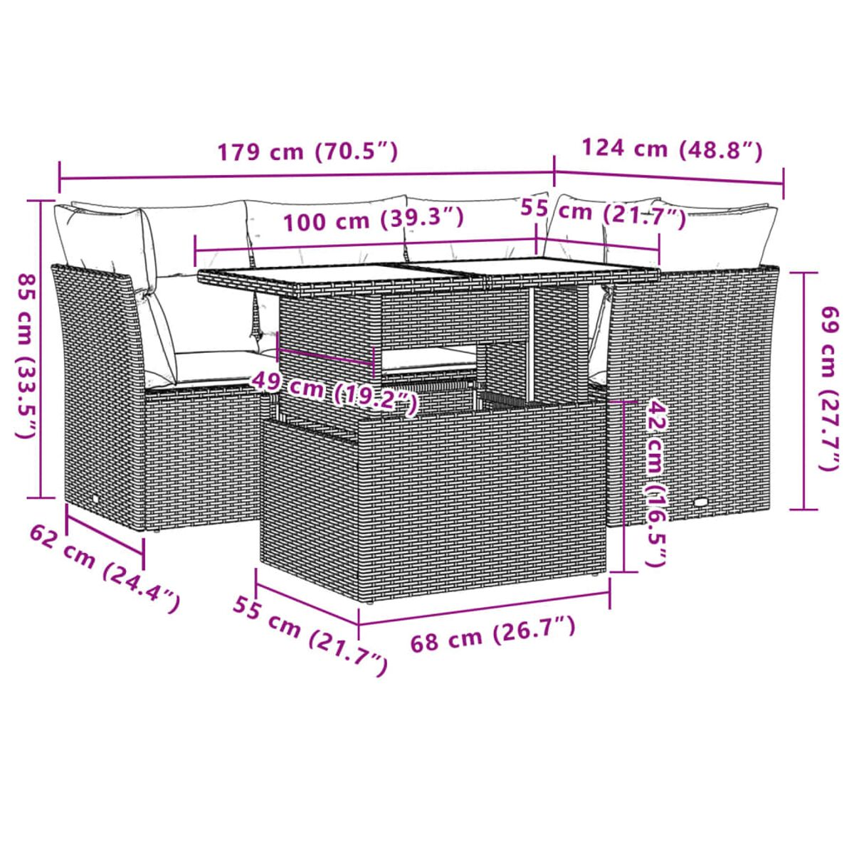 Diagramm eines Gartenmöbelsets aus Korbgeflecht mit Abmessungen in Zentimetern und Zoll.