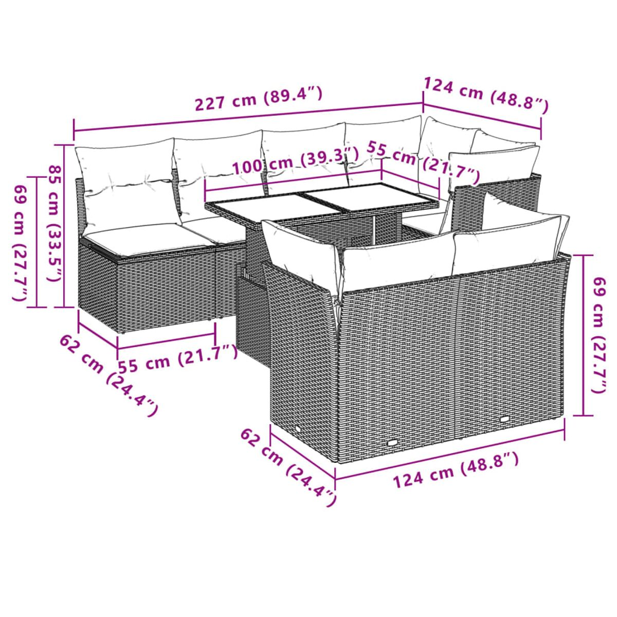 Diagramm eines Gartenmöbel-Sets aus Korbgeflecht, mit Maßen in Zentimetern und Zoll.