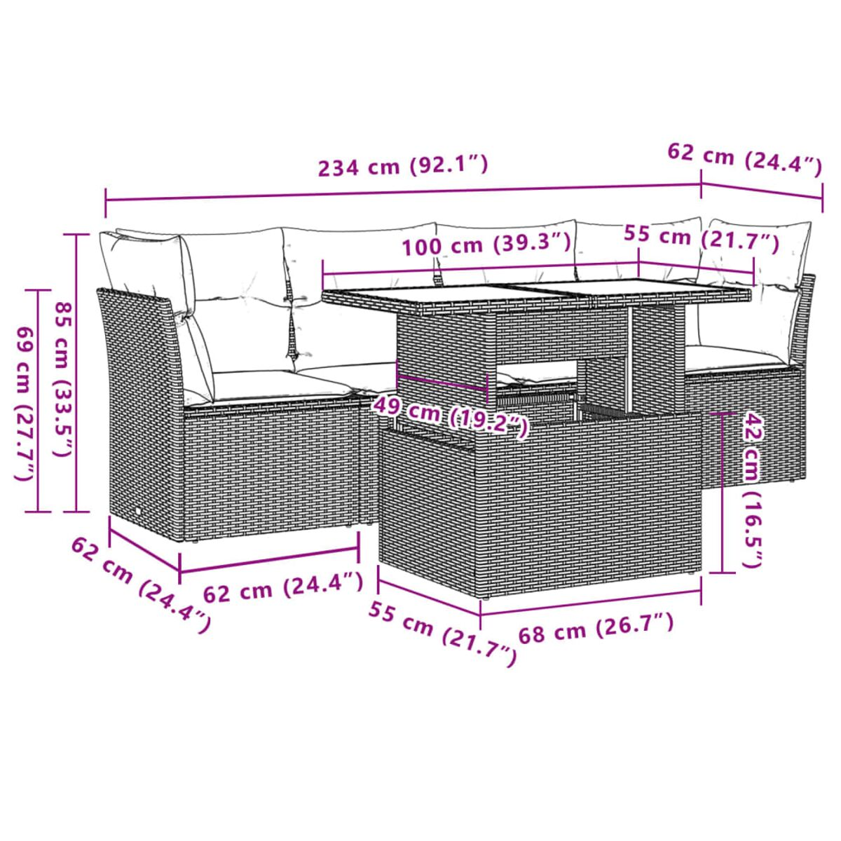 Diagramm eines Outdoor-Ecksofa-Sets mit Abmessungen. Das Set ist aus Weide mit Kissen.