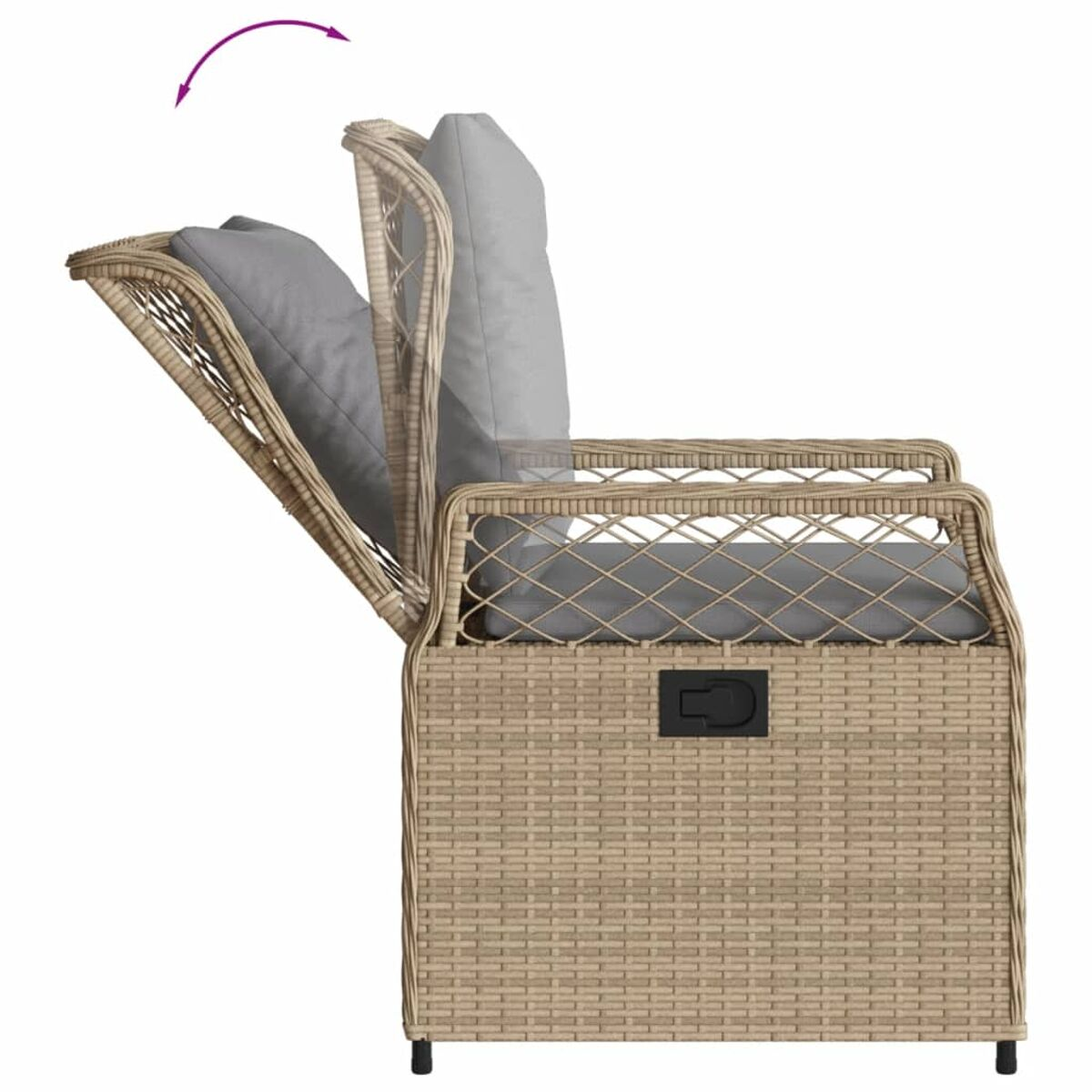 Sedia in vimini beige con cuscino che si apre per mostrare il contenitore. Interno nero.