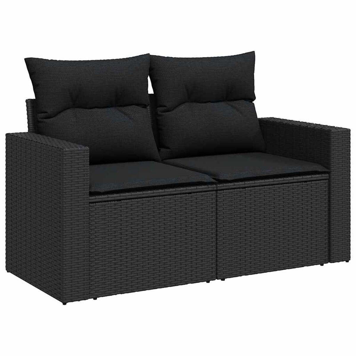 Divano nero in vimini con due cuscini, che offre un aspetto minimalista e moderno, su sfondo neutro.