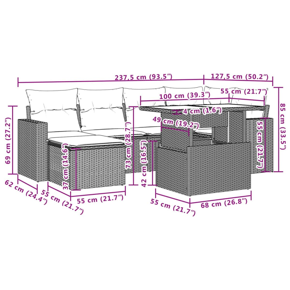 Diagramma di un set di mobili da esterno. Mostra un divano, una pouf e un tavolo con dimensioni.