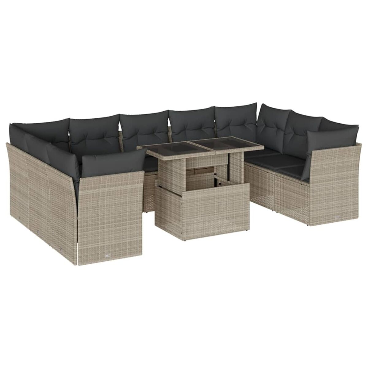 Graues Outdoor-Ecksofa aus Korbgeflecht mit grauen Kissen und einem Tisch mit Hebeplatte, weißer Hintergrund.