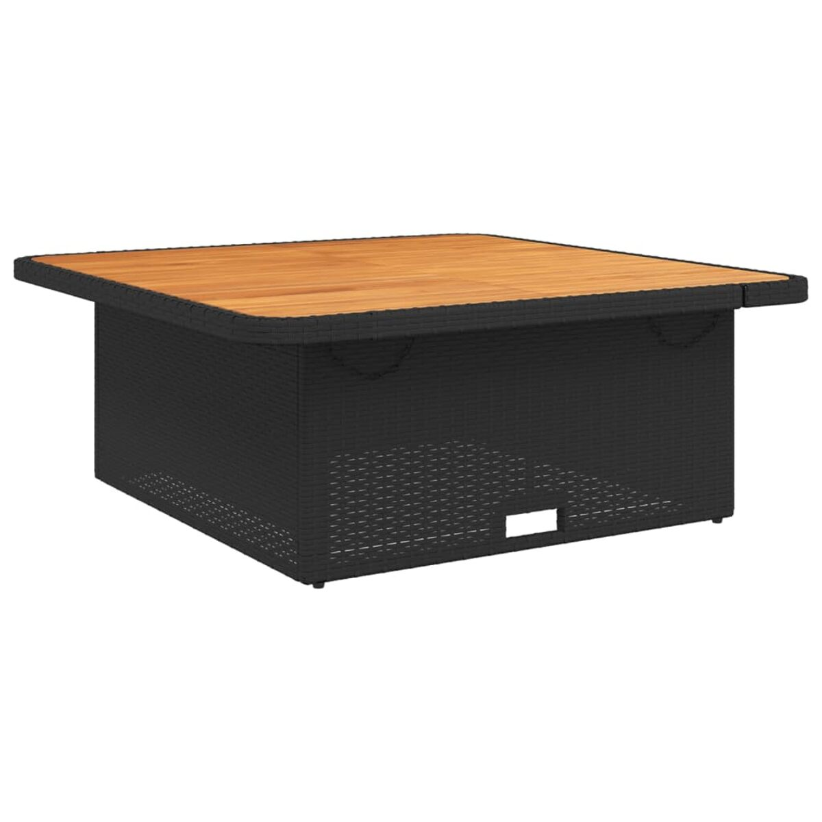 Ein quadratischer schwarzer Korbtisch mit Holzplatte.