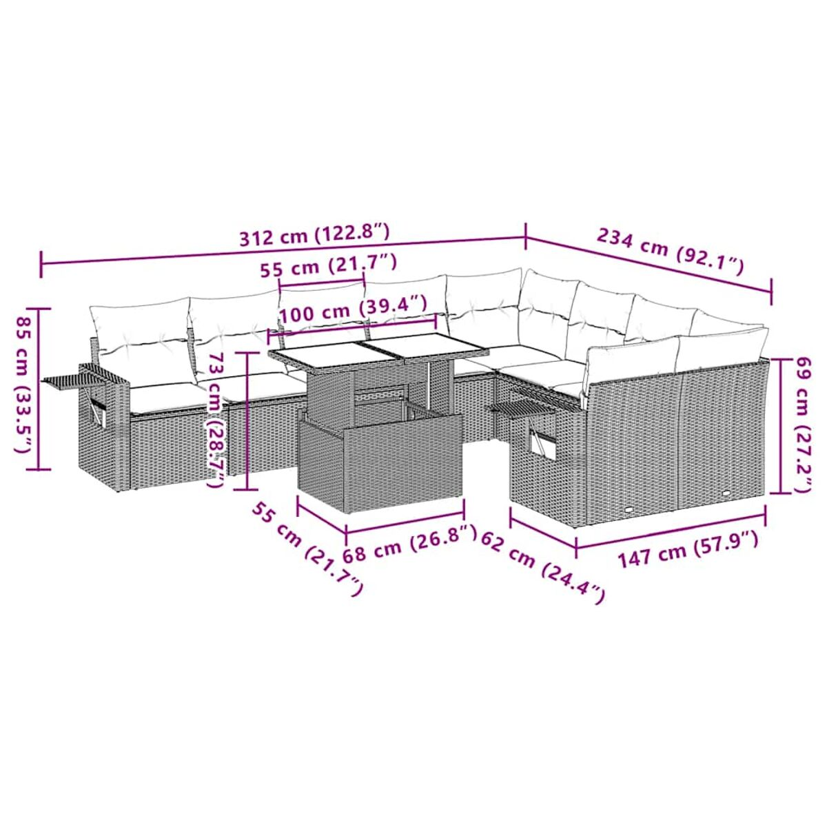 Diagramm eines Ecksofa-Sets aus Korbgeflecht mit Abmessungen, einschließlich Tisch.