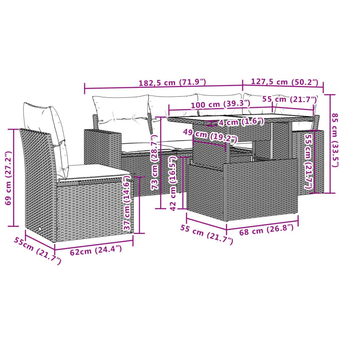 Diagramma di un set divano in rattan con tavolo e sedia con misure in cm e pollici.