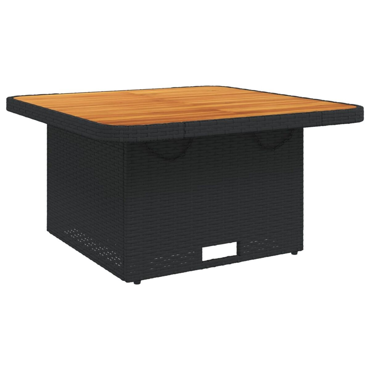 Tavolo quadrato con piano in legno e base intrecciata nera su sfondo bianco.